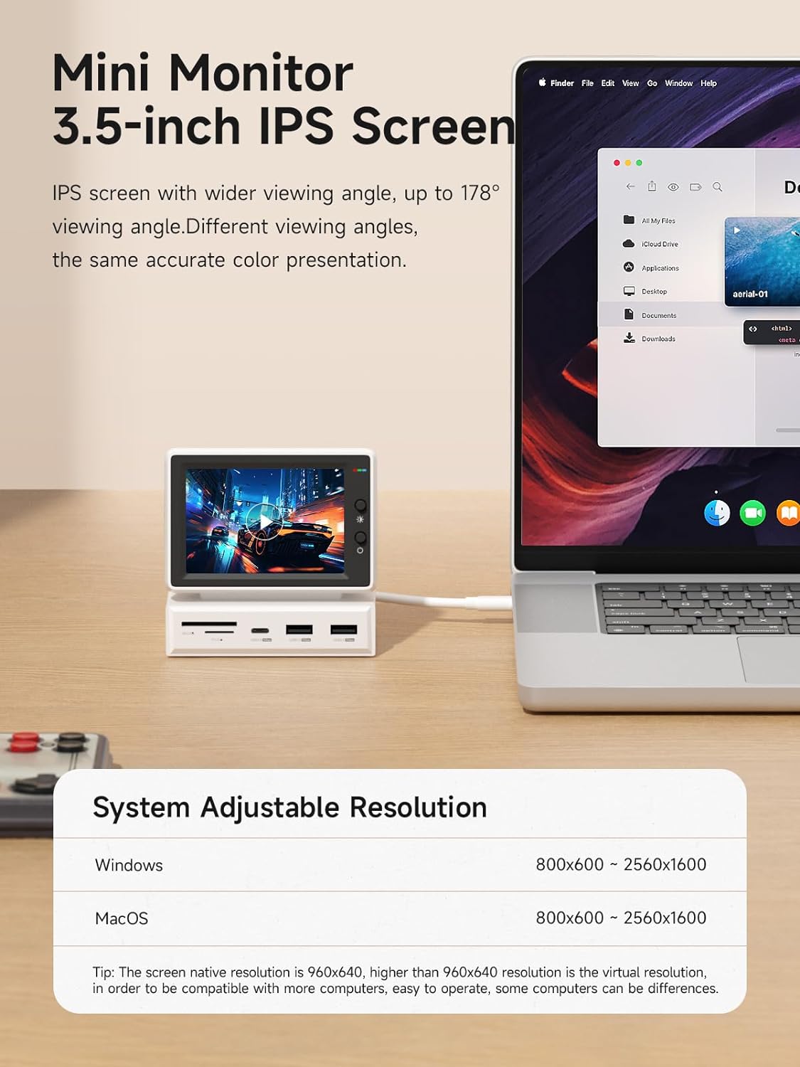 3.5-inch IPS USB Mini Screen with USB-C Hub