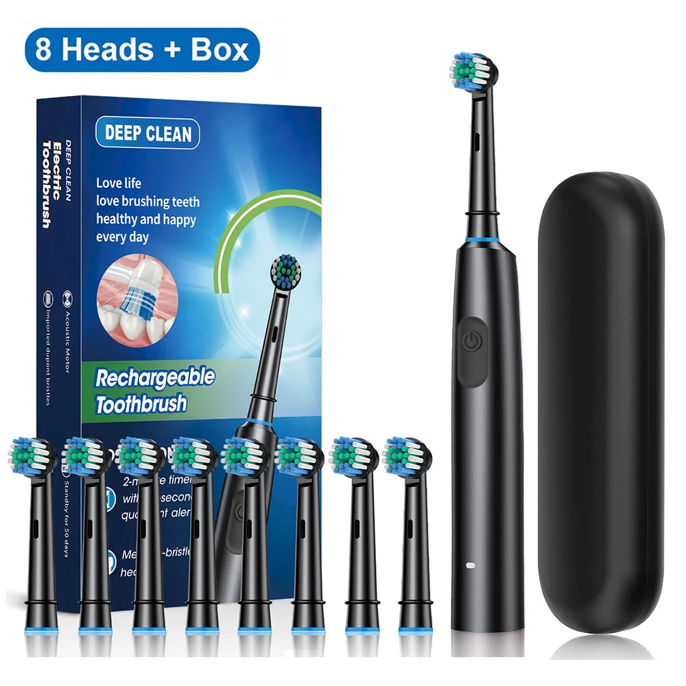 Rechargeable Rotating Electric Toothbrush – 8 Heads + Travel Case