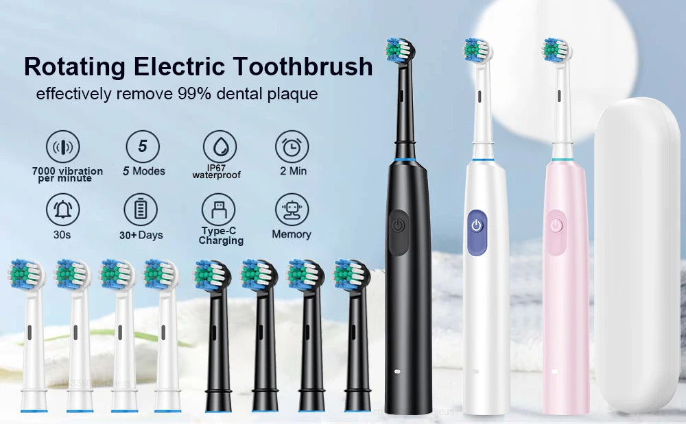 Rechargeable Rotating Electric Toothbrush – 8 Heads + Travel Case