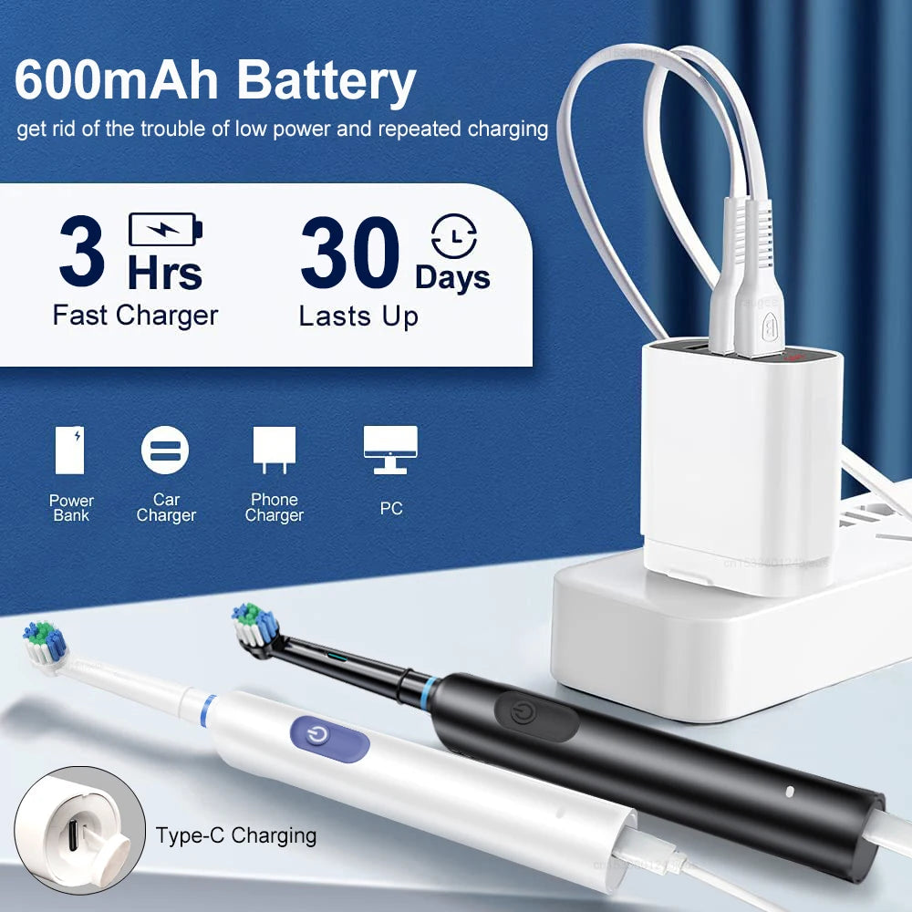 Rechargeable Rotating Electric Toothbrush – 8 Heads + Travel Case