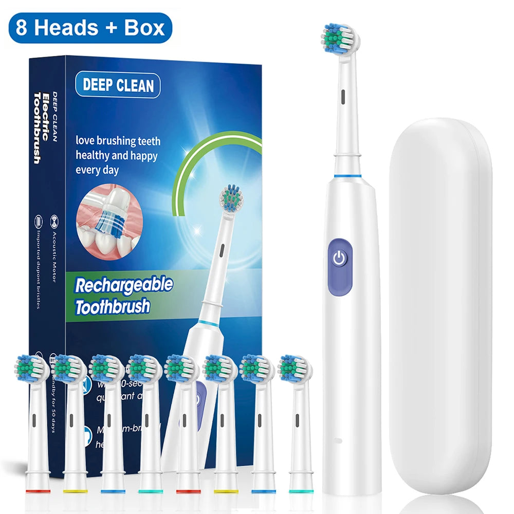 Rechargeable Rotating Electric Toothbrush – 8 Heads + Travel Case