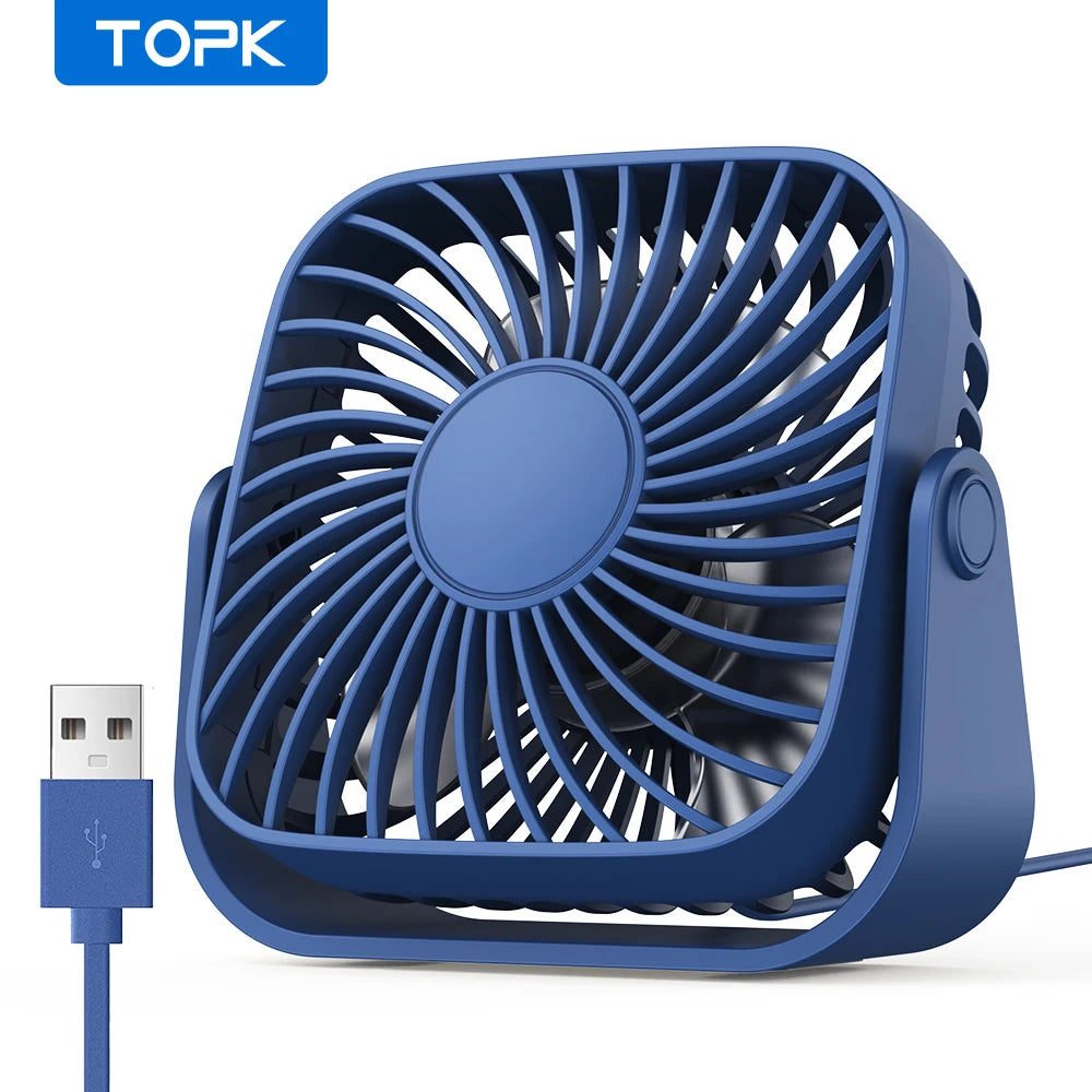 TOPK Mini USB Desk Fan – 4" Quiet 3-Speed with 360° Rotation