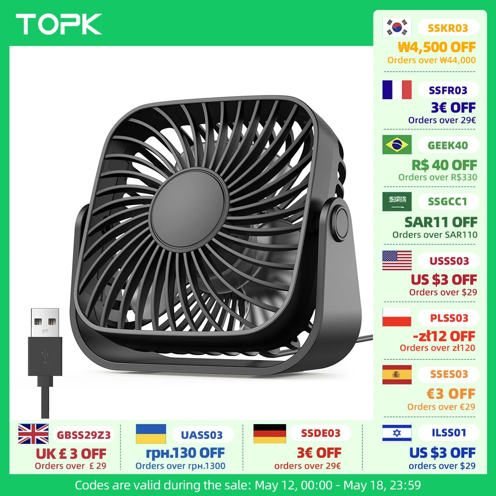 TOPK Mini USB Desk Fan – 4" Quiet 3-Speed with 360° Rotation