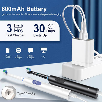 Rechargeable Rotating Electric Toothbrush – 8 Heads + Travel Case