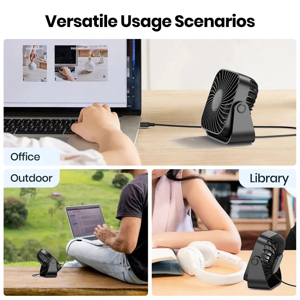 TOPK Mini USB Desk Fan – 4" Quiet 3-Speed with 360° Rotation