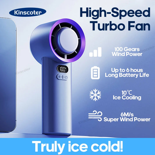 Turbo Handheld Fan – 100 Speeds, Ice Cooling, 3600mAh Battery